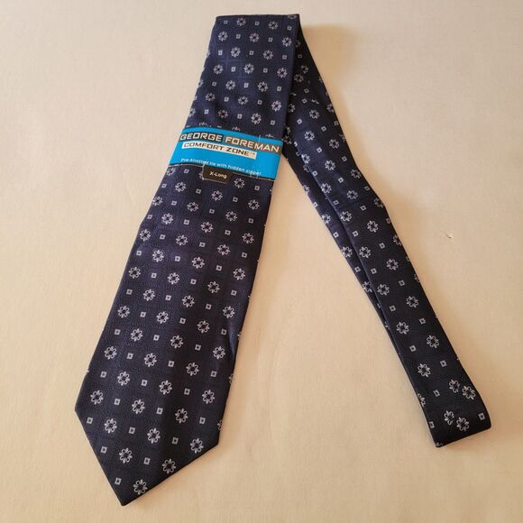 George Foreman X-Long Tie Navy w/ Squares & Flowers - 100% Silk NWT - Picture 4 of 5